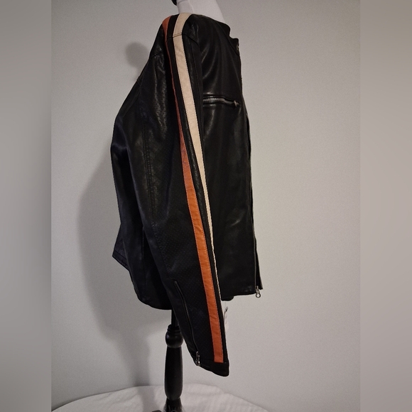 Men's Black Faux Leather Jacket with Striped Sleeves Size XL - Picture 5 of 16